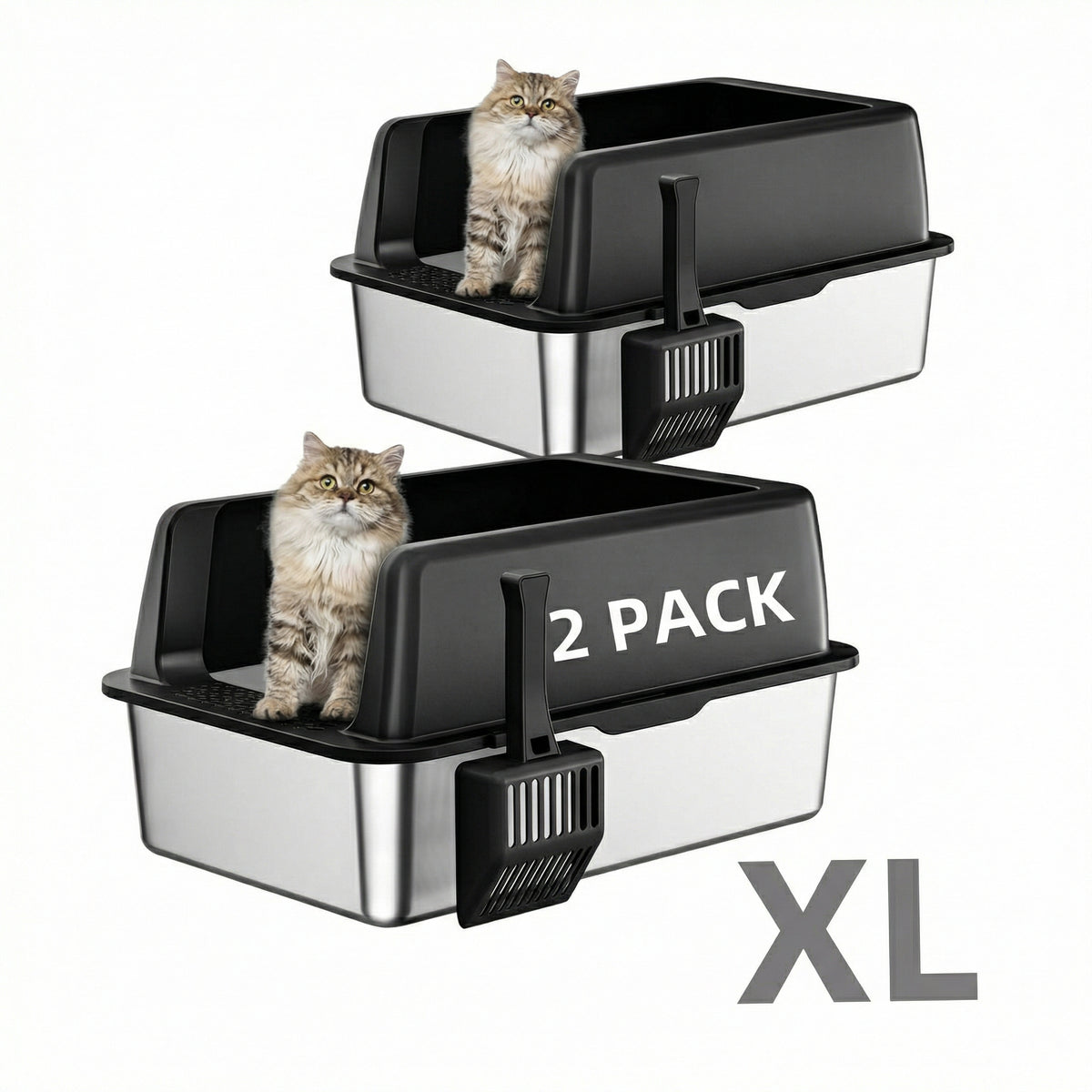 Misofog 2-Pack XL Stainless Steel Litter Boxes with High Sides