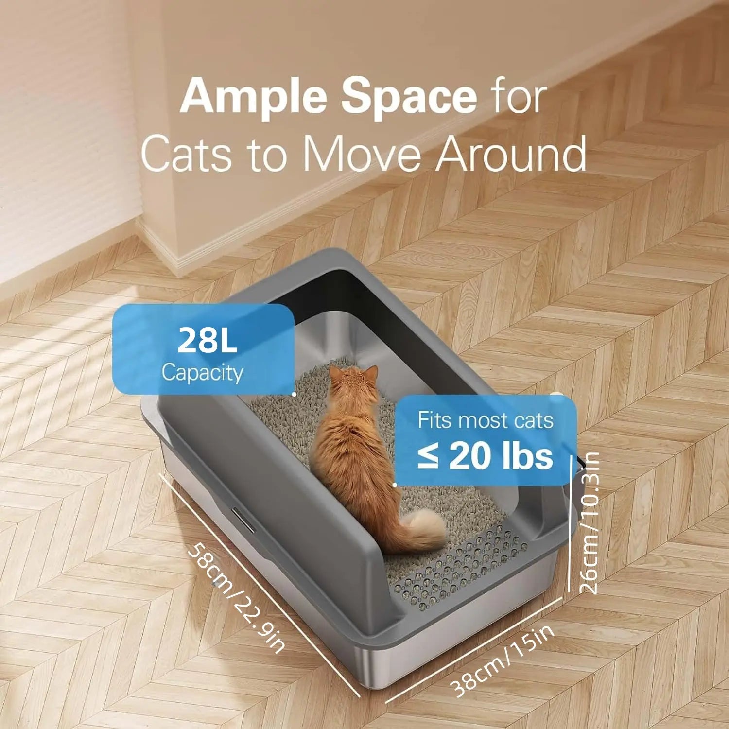 XL high-sided stainless steel litter box features